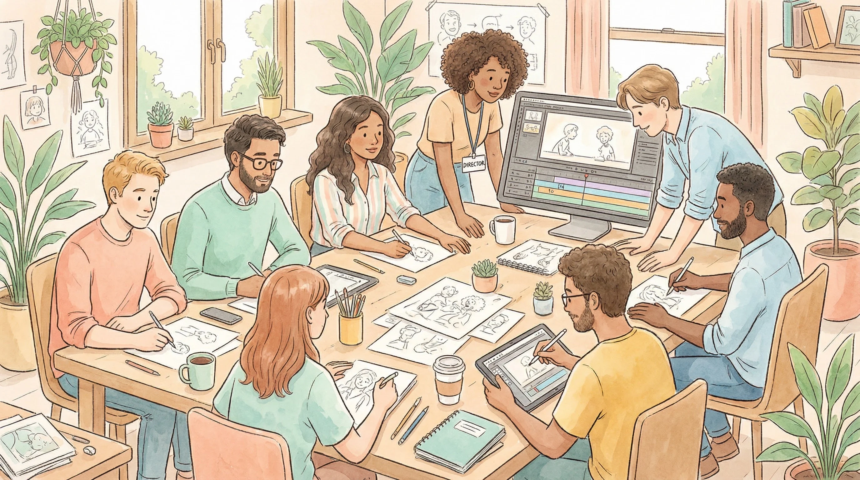 小马拉大车创作团队工作场景插画 - 多元化动画创作团队协作