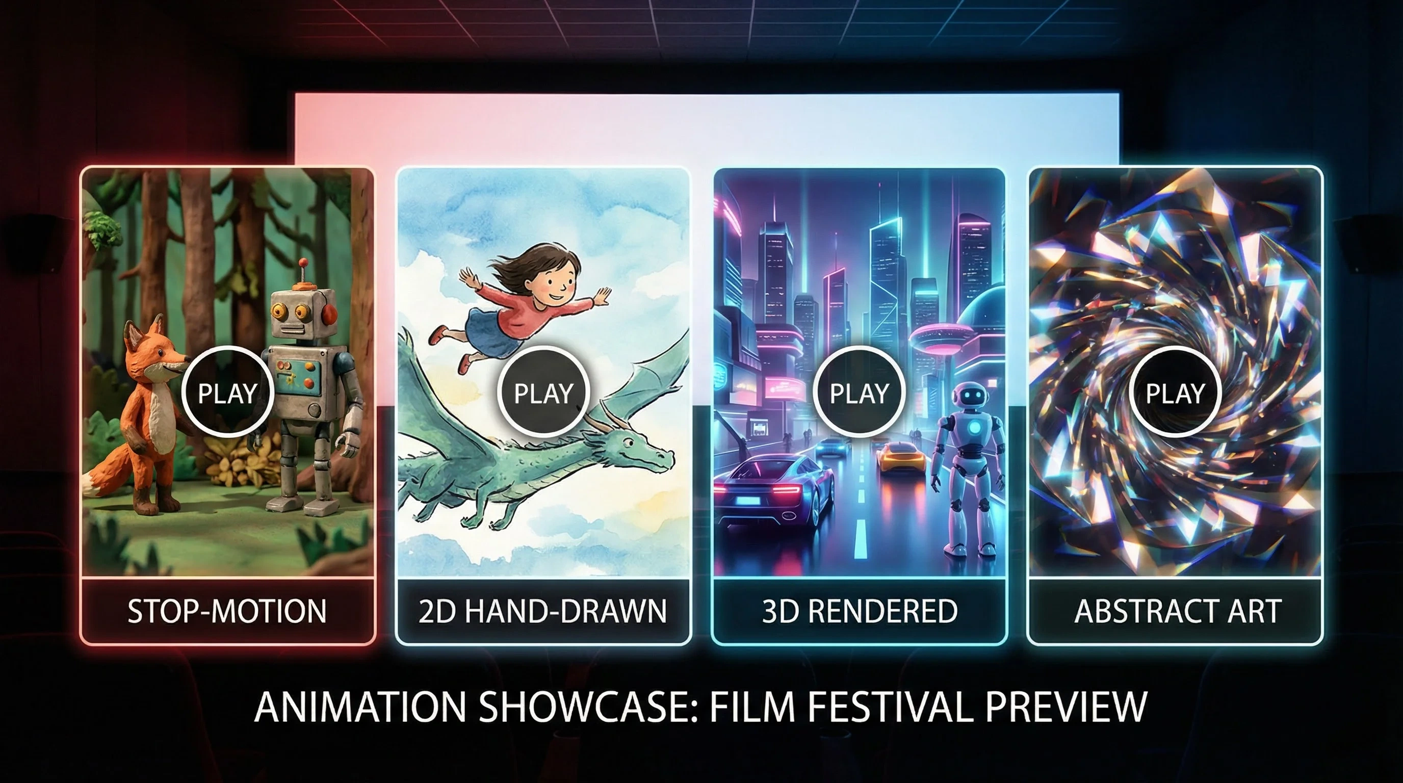 小马拉大车动画预告片合集横幅 - 定格动画、2D手绘、3D渲染、抽象艺术四种风格预览